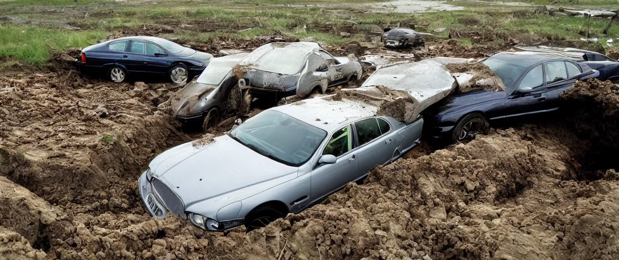 Prompt: a abandoned 2 0 0 4 jaguar xj 8 buried underwater alongside a 2 0 0 1 chevrolet suburban.