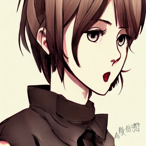 Image similar to portrait of a girl with short brown hair, wearing a white blouse and black choker, smoking a cigarette, drawn by WLOP, by Avetetsuya Studios, attractive character, colored sketch anime manga panel, unsaturated, dull colors, trending on Artstation