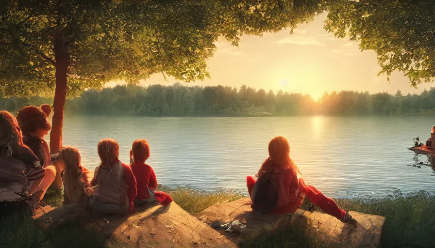 Image similar to kids sitting on the ground watching sunset on the lake, german forest, friends, hyperdetailed, artstation, cgsociety, 8 k