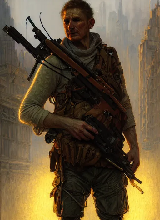 Image similar to a survivalist man, in postapocalypse city, diffuse lighting, fantasy, intricate, elegant, highly detailed, lifelike, photorealistic, digital painting, artstation, illustration, concept art, smooth, sharp focus, art by john collier and albert aublet and krenz cushart and alphonse mucha