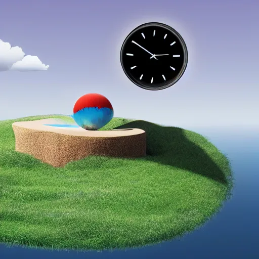 Image similar to a clock floating on an floating island, there are clouds around, it is on earth, on the background there are other floating islands too, floating at the ozone layer, cartoony, 4 k resolution, award winning