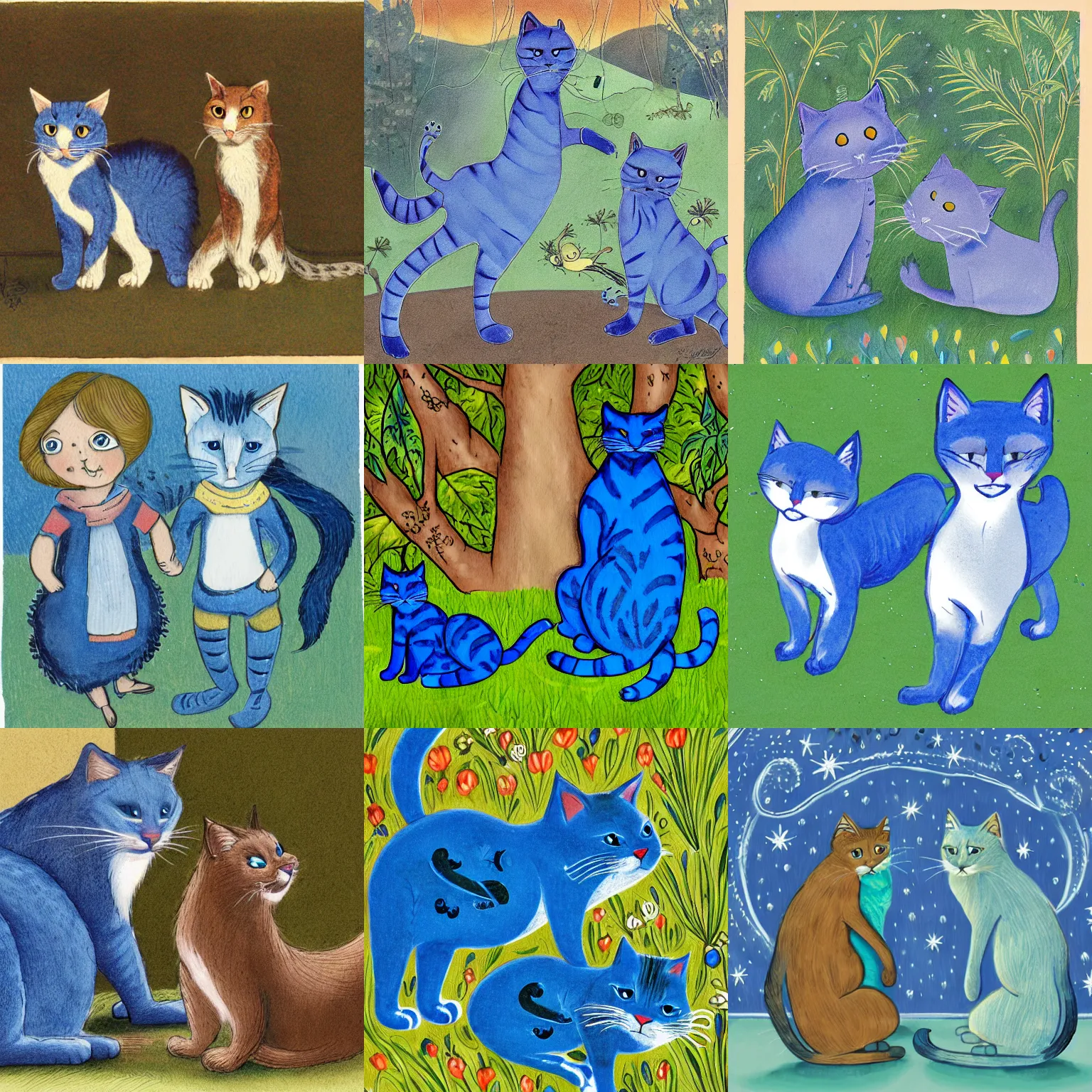 Prompt: a storybook illustration of a pair of blue cats