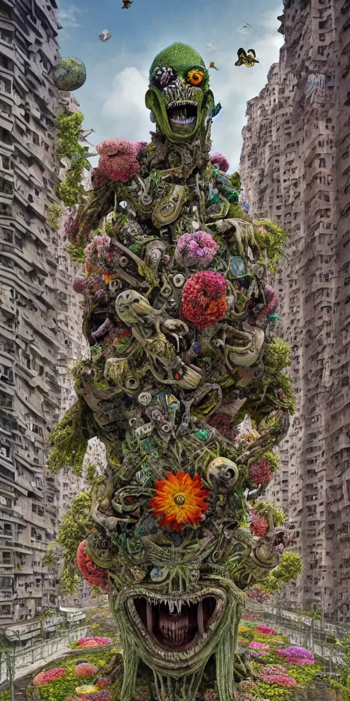 Image similar to colossal grotesque prehistoric psyhedelic alien predator flower made from best unfulfilled mankind projects in the middle of abandoned post soviet constructivist cityscape, Stalinist architecture, ultradetailed, Intricate by Hayao Miyazaki and Josan Gonzalez and Makoto Shinkai and Giuseppe Arcimboldo and Wes Anderson