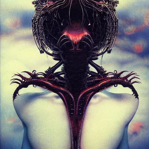 Image similar to simple concept art portrait of, ‘ the carnivore alien ’. an award winning yoshitaka amano digital art poster, by james gurney and gerhard richter. art by takato yamamoto. masterpiece, deep colours.