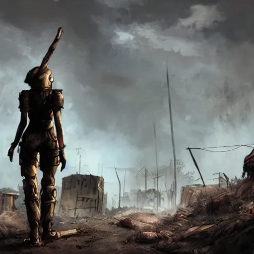 Prompt: post apocalyptic world, comic style, fallout 5 official art, 8 k, female protagonist, atmospheric lighting, gritty, sharp focus, armored feline companion, volumetric lighting, rich deep colors, painted, illustrated