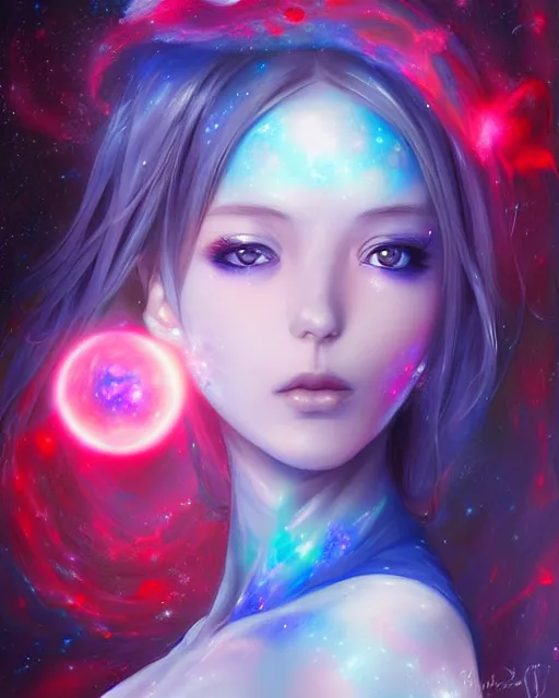 Image similar to A realistic anime portrait of a beautiful cosmic woman with glowing blue eyes and skin made of universes wearing clothes made of galaxies, digital painting, by Stanley Artgerm Lau, Sakimichan, WLOP and Rossdraws, digtial painting, trending on ArtStation, SFW version