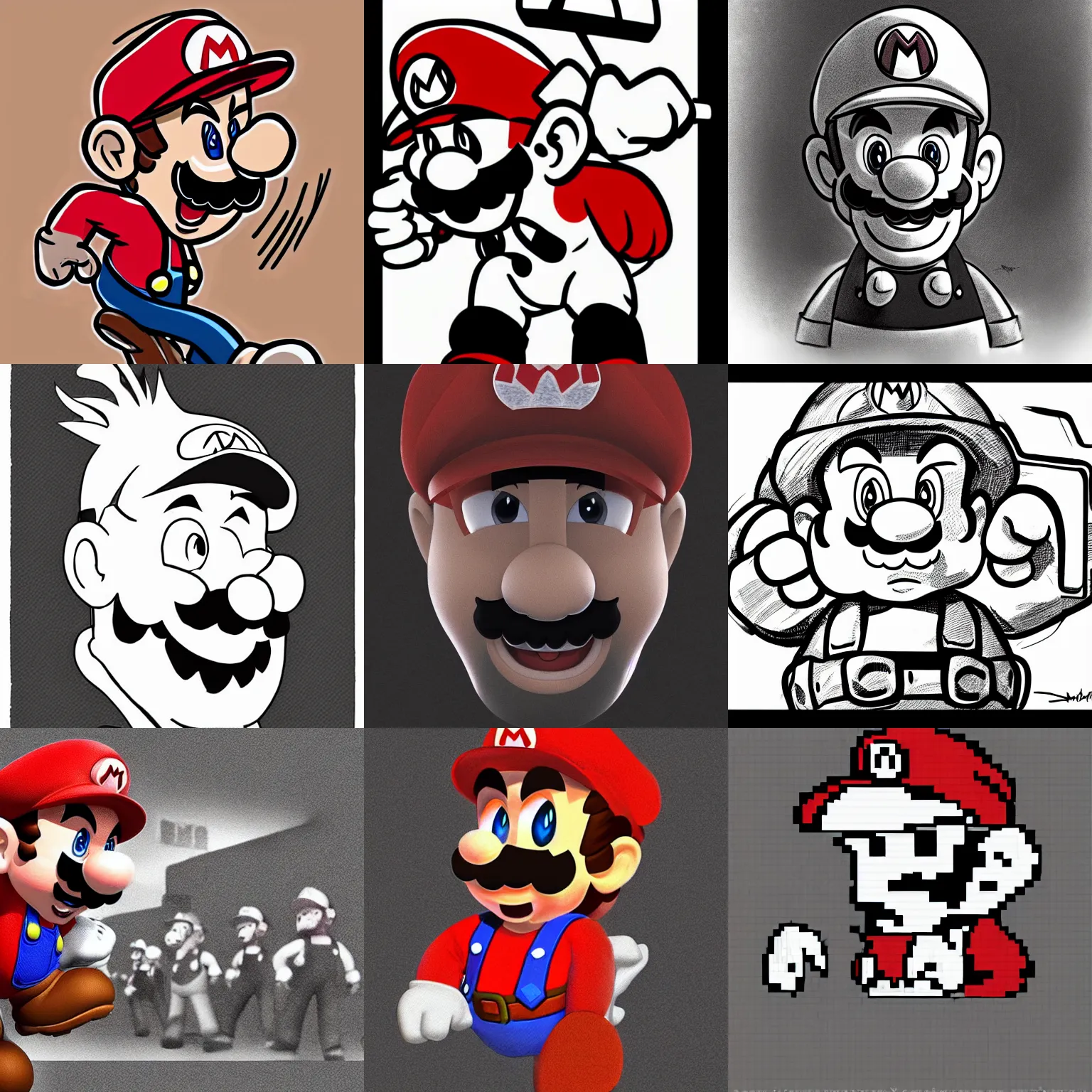 Prompt: videogame fanart of super mario facing the camera, neutral expression, low emotion, focused gaze, faded and limited color palette, red selective coloring + monochrome, striking artstyle with sharp shadows, digital art