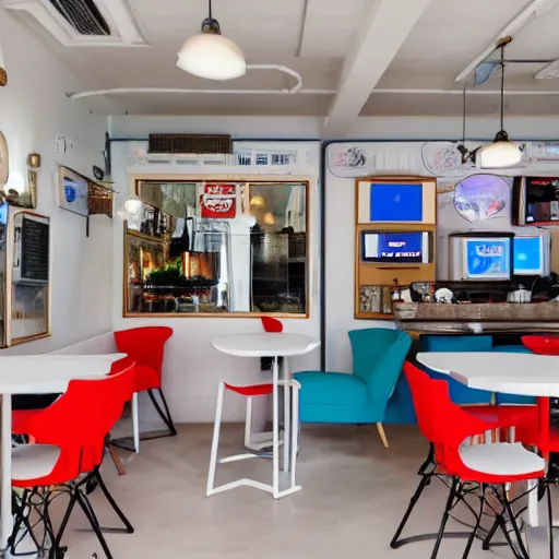 Prompt: photo of a white cafe interior with retro arcade machines on one side and tables on the other, 8 0 s art on the tall white walls, wide angle shot 4 k hdr