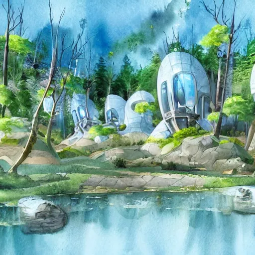 Image similar to beautiful happy picturesque charming sci - fi organic pod - like homes of the future in a beautiful natural scene. water, trees and rocks. beautiful light. soft colour scheme. beautiful artistic detailed watercolor by lurid. ( 2 0 2 2 )