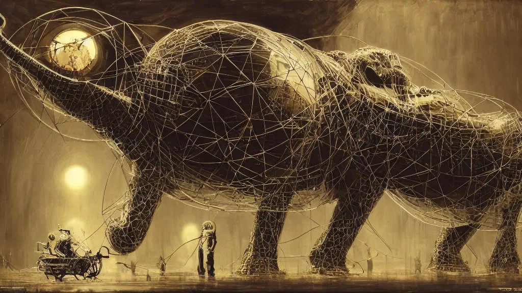 Image similar to giant elephant of sci fi metallic human melancholic complex geometric geodesic figure liminal machinery mechanica by oskar schlemmer, moebius, john berkey, film grain, oil on canvas featured on artstation, hd wallpaper, 4 k