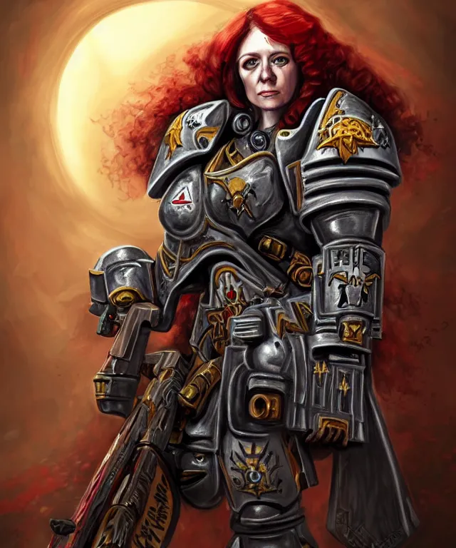 Image similar to Angela Rayner as a Warhammer 40k Battle Sister, portrait, highly detailed, intricate, concept art, artstation