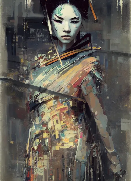 Image similar to geisha robot, rule of thirds, intricate outfit, spotlight, by greg rutkowski, by jeremy mann, digital painting