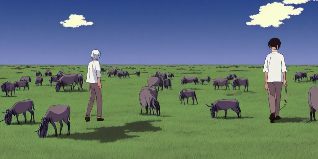 Prompt: very dull colors, hd. a cell - shaded studio ghibli cartoon of a grey scientist searching the sky while walking through a herd of wildebeest.