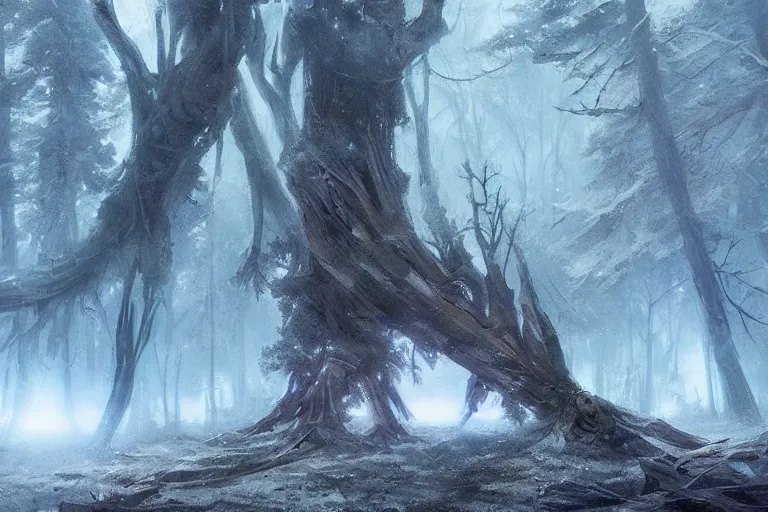 Image similar to fallen tree in a forest, winter, sci-fi, cinematic lighting, greg rutkowski