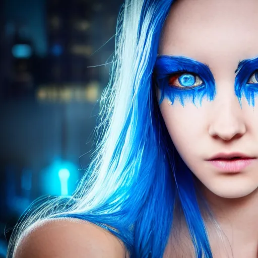 Prompt: photo of beautiful teenage girl with deep blue eyes and blue dyed hair, cyberpunk, hyper realistic, extremely detailed
