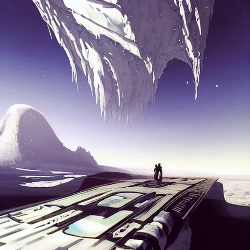 Image similar to Frozen frontiers on an alien planet, floating mountains above clouds in the background, vanishing perspective of a road, ravine, Syd Mead, John Harris, Federico Pelat,