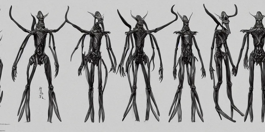 Prompt: a humanoid mantis alien creature, character design sheet, detailed concept art by fortiche, masterpiece