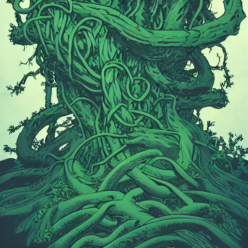 Prompt: verdant green knotted tangled vines and trees by moebius by James Jean, by Mike Mignola comic graphic novel style action illustration, gritty textured, trending on artstation