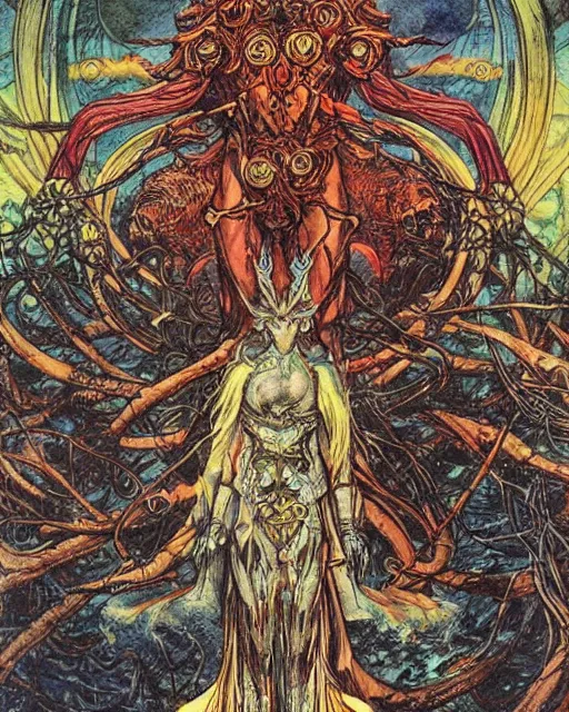 Prompt: the oracle of trees tarot card by ayami kojima and philippe druillet, masterpiece