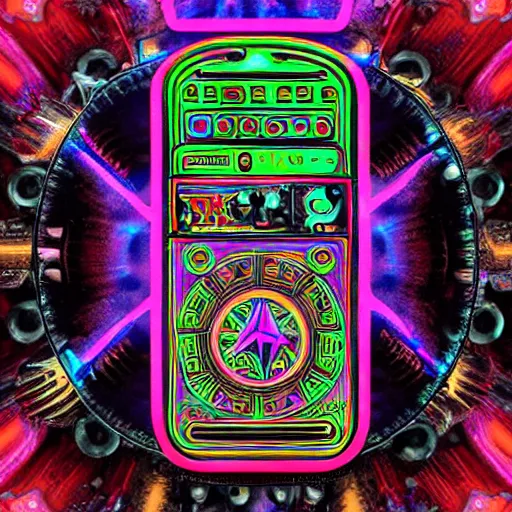 Image similar to sticker of a rock band, name is tripmachine, on the sticker is a 3 d render of a huge futuristic steampunk generator with gears and trippy music instruments, 8 k, fluorescent colors, halluzinogenic, multicolored, exaggerated detailed, silk screen art