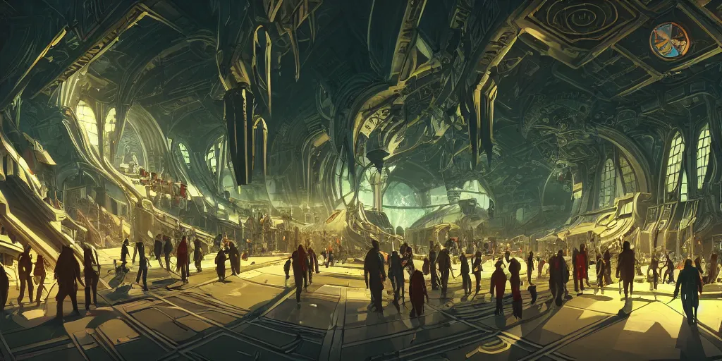 Image similar to cel shaded cinematic shot of the interior of a sci-fi space station with ornate Elven architecture bustling with people, epic castle, emerald, crystalline, detailed illustration, sharp focus, concept art