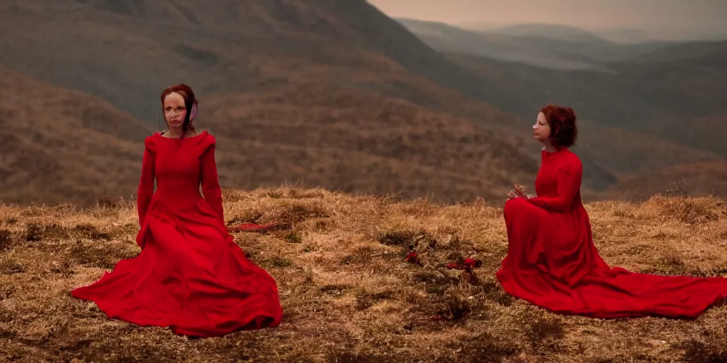 Image similar to film still of closeup a woman in a red dress, sitting on a throne. on a mountain of dead knights. one knight standing on one knee below by emmanuel lubezki