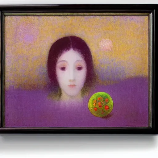 Image similar to a girl with three eyes on 5 translucent luminous spheres, full of floral and berry fillings, in an ocean of lavender color by odilon redon