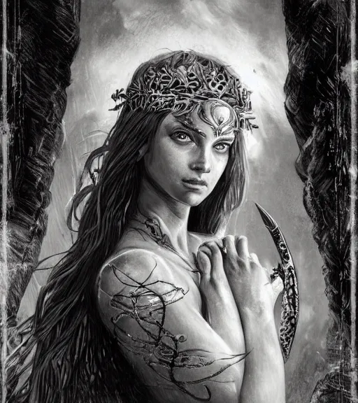 Image similar to beautiful aphrodite goddess wearing an arrow on her head, realistic face, beautiful eyes, black and white drawing, in the style of greg rutkowski, fantasy, amazing detail, epic, intricate, elegant, smooth, sharp focus