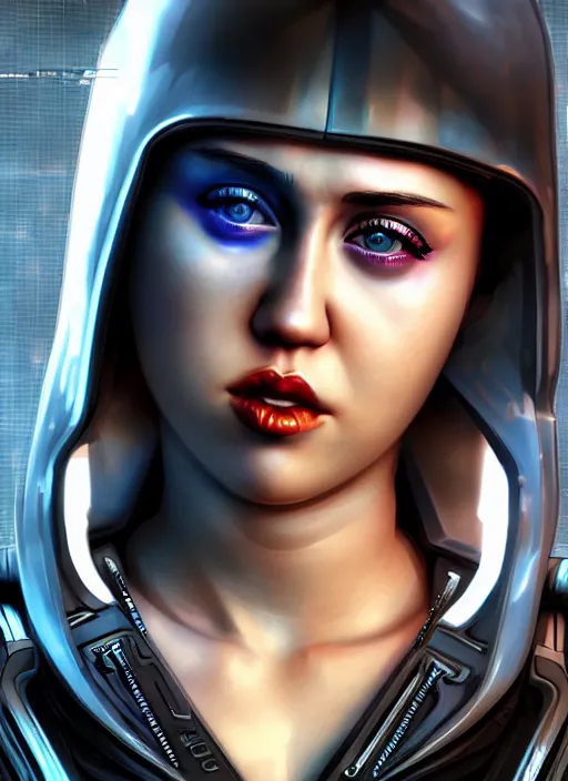 Prompt: An epic cyberpunk comic book style portrait digital painting of Miley Cyrus, hyperrealistic, octane render, Mass Effect, dynamic lighting