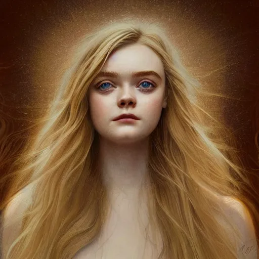 Prompt: professional painting of Elle Fanning in the style of Yoann Lossel, head and shoulders portrait, symmetrical facial features, smooth, sharp focus, illustration, intricate, stormy weather, extremely detailed masterpiece,