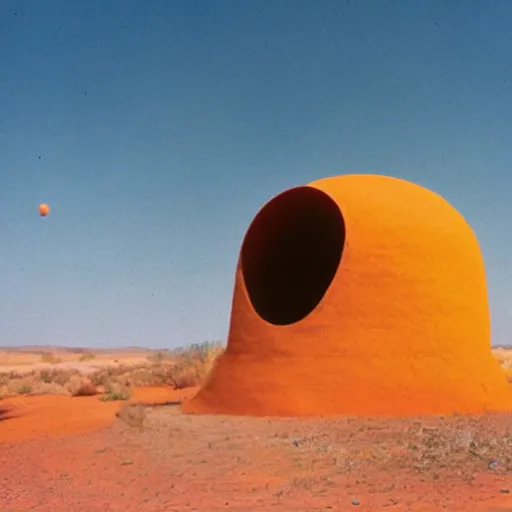 Image similar to a man in neon colored clothing standing outside a Non-Euclidean orb-like clay house sitting in the desert, vintage photo, beautiful cinematography, blue sky, film grain, James Turrell