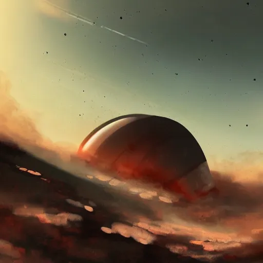 Image similar to a spaceship crashed into a foreign planet, wasteland. The spaceship is buried in the ground. red sky with beautiful white clouds. in the style of digital art, artstation trending