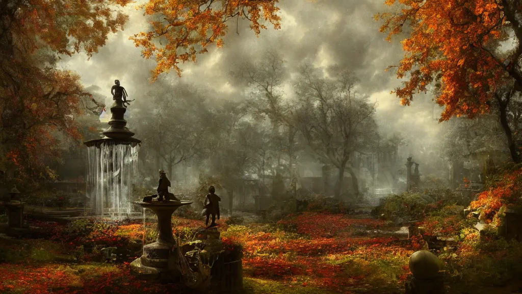 Image similar to autumn in the secret garden. a tiny fountain statue is frozen. andreas achenbach, artgerm, mikko lagerstedt, zack snyder, tokujin yoshioka