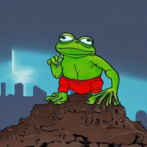 Prompt: Pepe the frog as the Terminator about to be assassinated by Karl Marx, dark red and green lighting, highly detailed, 4k, standing on a rocky plateau while it's raining, with a ruined city crumbling in the background, sun over the horizon