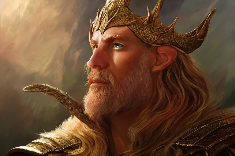 Prompt: A bright, happy painting of an Elven King, hyperrealistic, high-quality, professional, dramatic lighting, extremely high detail, trending on artstation