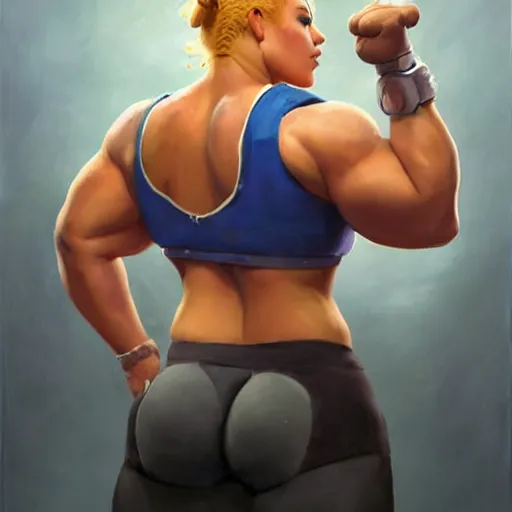 Image similar to greg manchess portrait of thick muscular weightlifter zarya from overwatch with ponytail and blond hair played by scarlett johansson showing back muscles, medium shot, asymmetrical, profile picture, organic painting, sunny day, matte painting, bold shapes, hard edges, street art, trending on artstation, by huang guangjian and gil elvgren and sachin teng