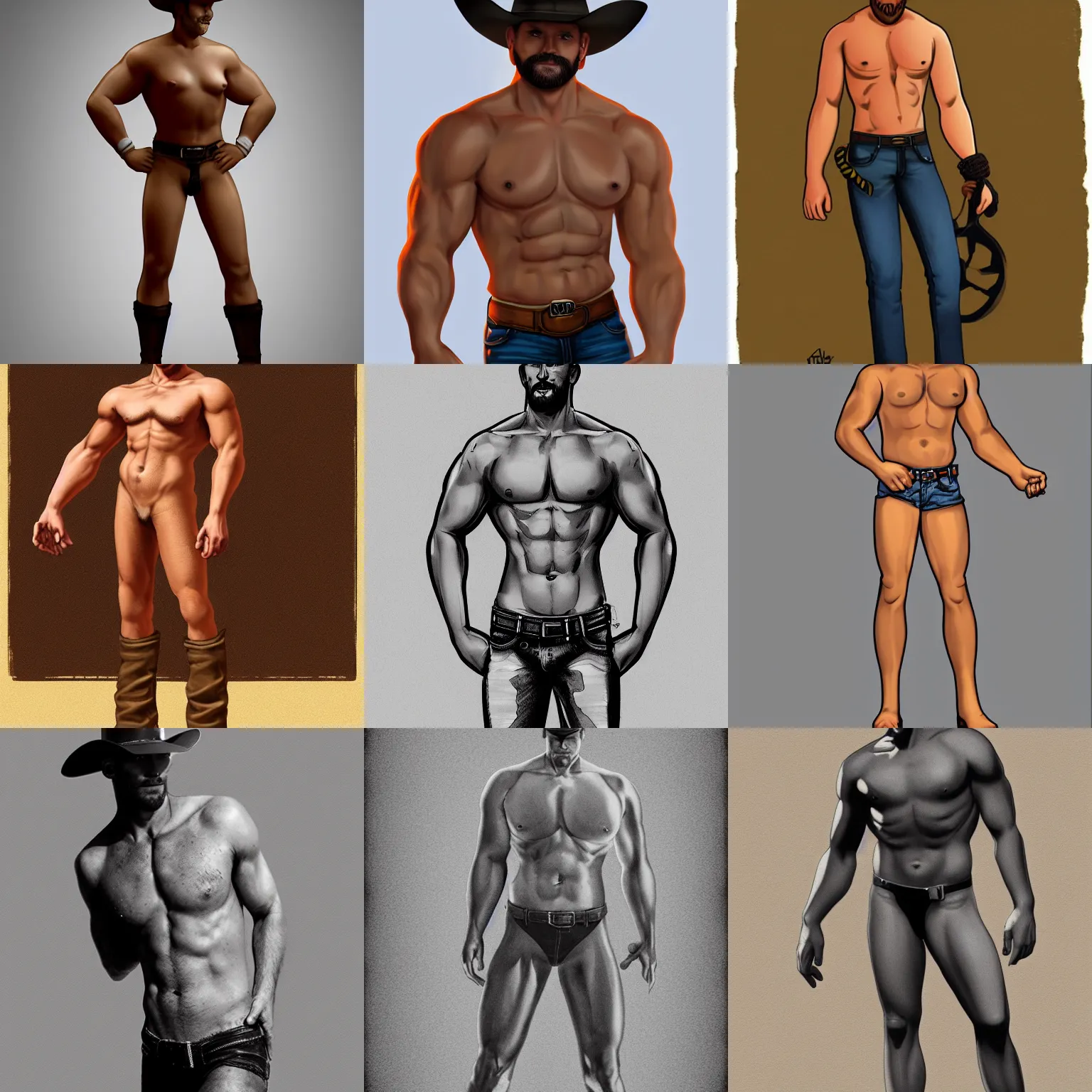 Prompt: a full body portrait by tom of finland of a handsome shirtless cowboy, trending on artstation