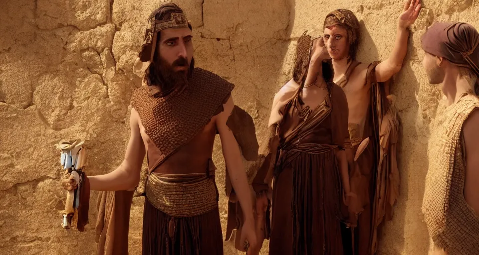 Prompt: award winning cinematic still of 26 year old male in ancient Canaanite clothing meeting 18 year old female in ancient Canaanite clothing, dramatic lighting, establishing shot, high detail, Biblical epic directed by Wes Anderson, HD, wallpaper,