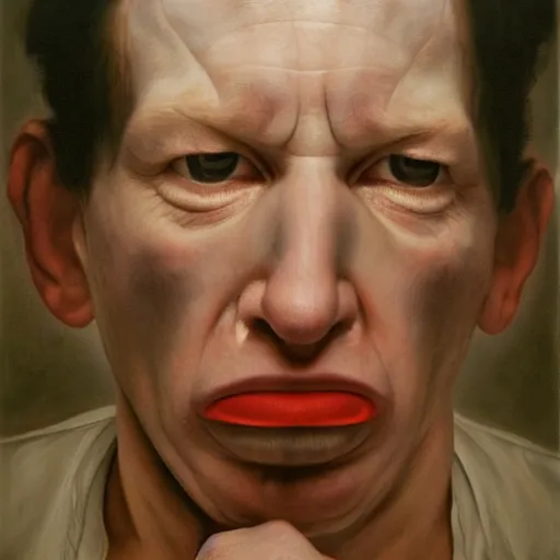 Prompt: high quality high detail painting by gottfried helnwein and lucian freud, hd, portrait of a dangerous psychopath, intense demonic look in the eyes, photorealistic lighting