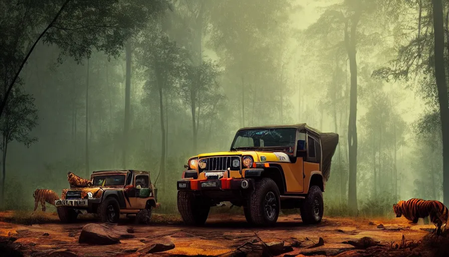 Prompt: Mahindra thar, in kerala forest, tigers and lions chasing, action scene, an epic fantasy, dramatic lighting, cinematic, establishing shot, extremely high detail, photorealistic, cinematic lighting, matte painting, artstation, by simon stalenhag, horizon forbideen west