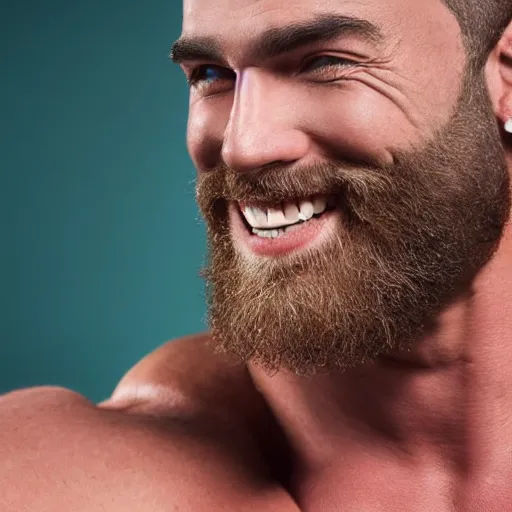 Image similar to Vivid color photography of a very muscular man smiling with a chiseled jawline and trimmed beard