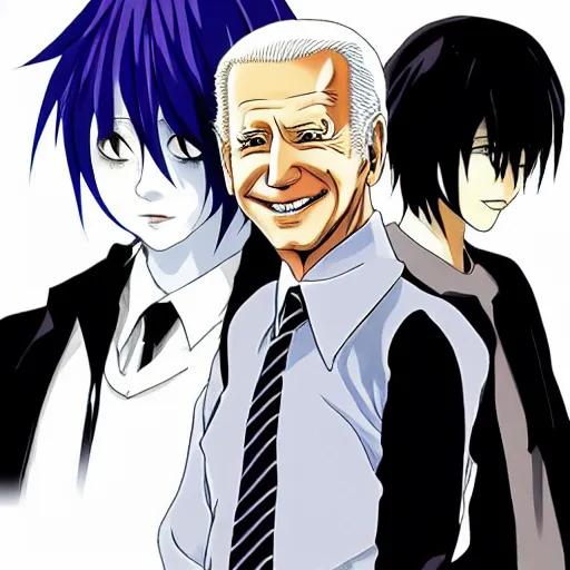 Image similar to biden in death note, anime style, holding black notebook