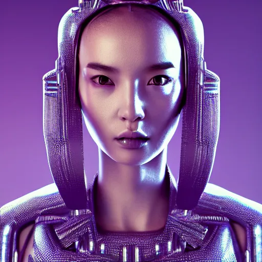 Image similar to portrait of an alien cyborg princess, style of Feng Zhu, Artstation geometric, aesthetic, smooth skin, unique features, symmetrical, intricate crown, high fashion, streetwear, cyberpunk, surreal, bold, detailed, octane render, cinematic, 8k, wires, purple skin,