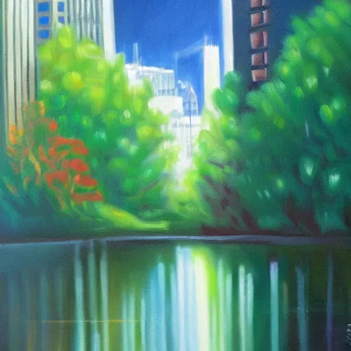 Image similar to dense city canyon emerald light oil painting