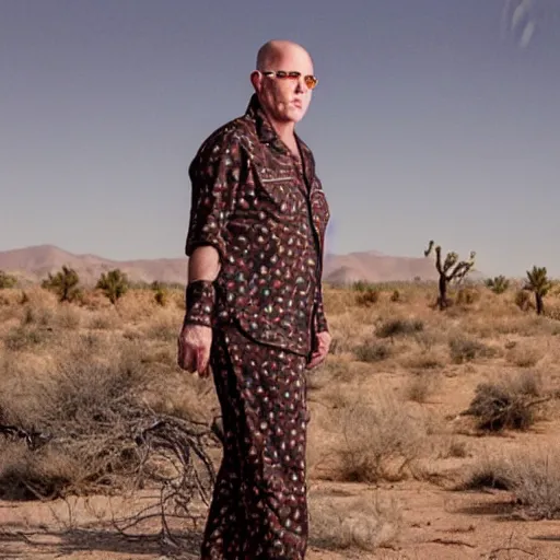 Image similar to photograph of maynard james keenan wearing pajamas in the desert