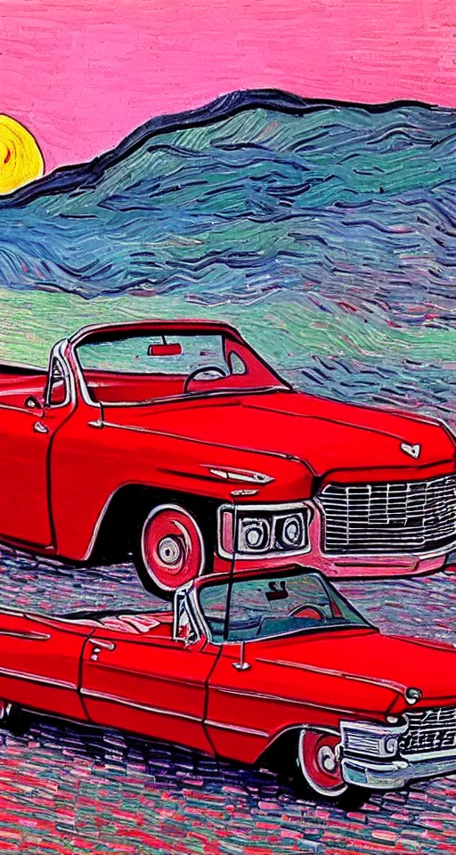 Prompt: painting of 1 9 6 3 red cadillac convertible driving down an empty highway into a pink sunset, aesthetic, minimalist, realistic, surreal, by vincent van gogh