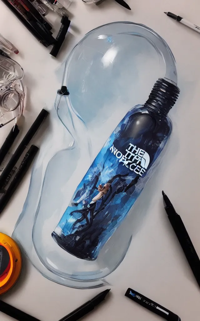 Prompt: the north face transparent bottle, very round with black top, filled with wihite liquid, concept art, matte, sharp focus, illustration, art by aenaluck, artgerm