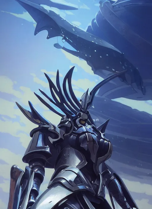 Image similar to close up of a extremely beautiful and aesthetic mech armor witch holding a symmetrical trident, highly detailed face, attractive symmetrical eyes, back shark fin, big wave horizon, dynamic model pose, slightly smiling, blue sky, big blade whale and black giants mech minotaurus, epic scene, fantasy illustrations, by makoto shinkai and peter mohrbacher and ferdinand knab