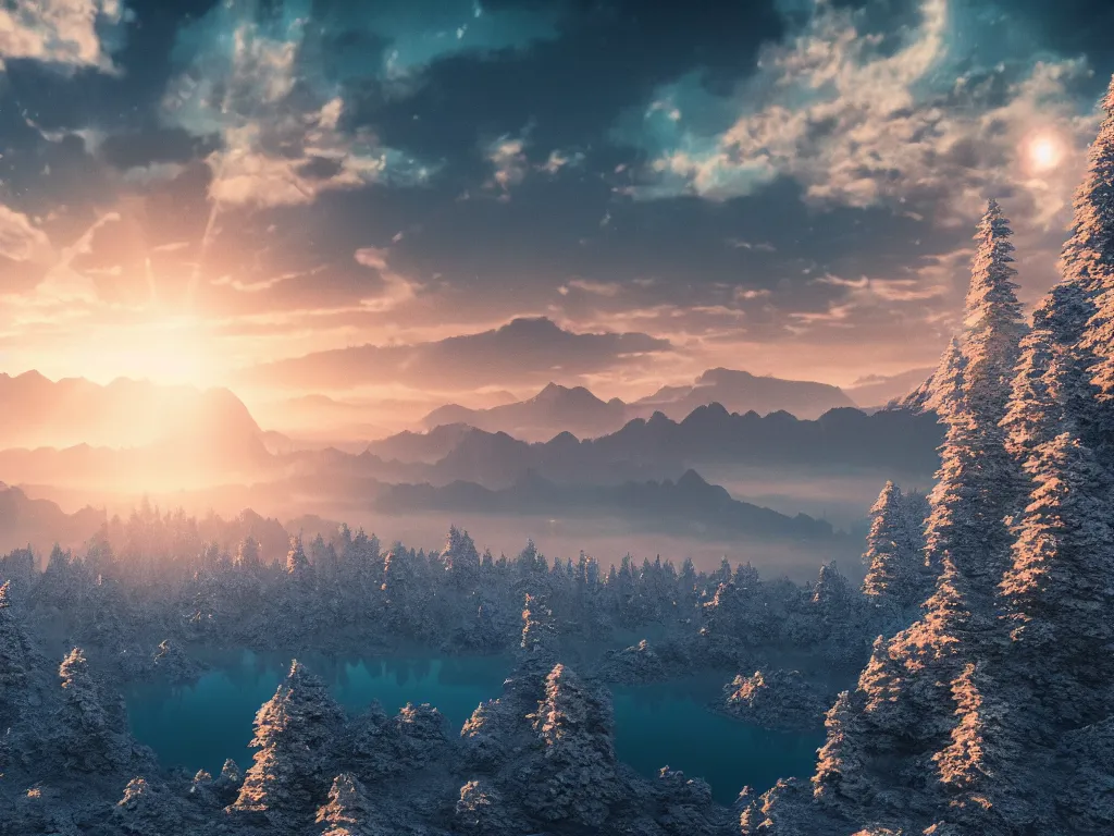 Prompt: epic crystalline taiga with a lake, golden hour, distant mountains, atmospheric perspective, altostratus clouds, planets, cinematic, 3 5 mm lens, photographic, octane render, cinematography by roger deakins, in the style of ansel adams