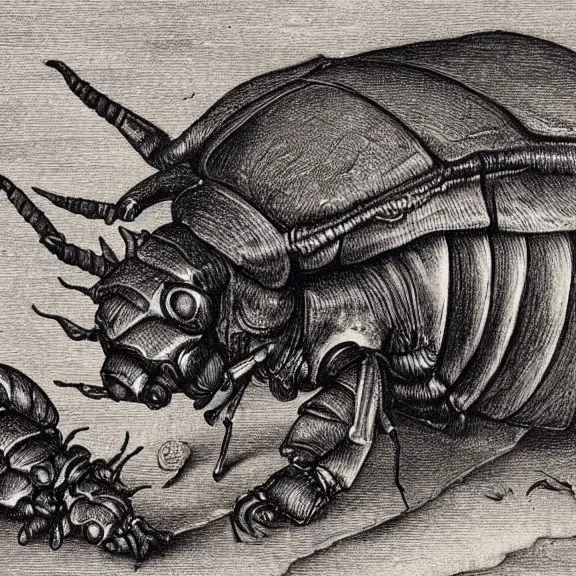 Image similar to a detailed, intricate drawing of a rhinoceros beetle rhinceros on a beach, by albrecht durer